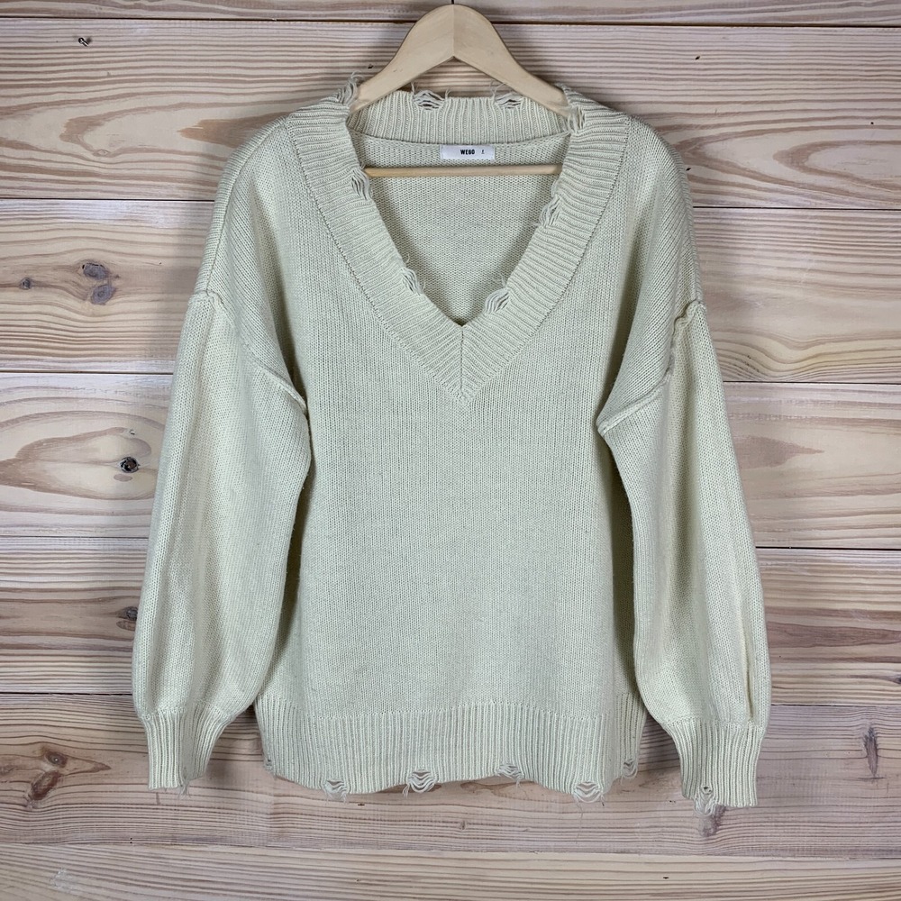 Wego Sweater‎ Women OS Ivory Ribbed Tatered Grunge Y2K Slouchy